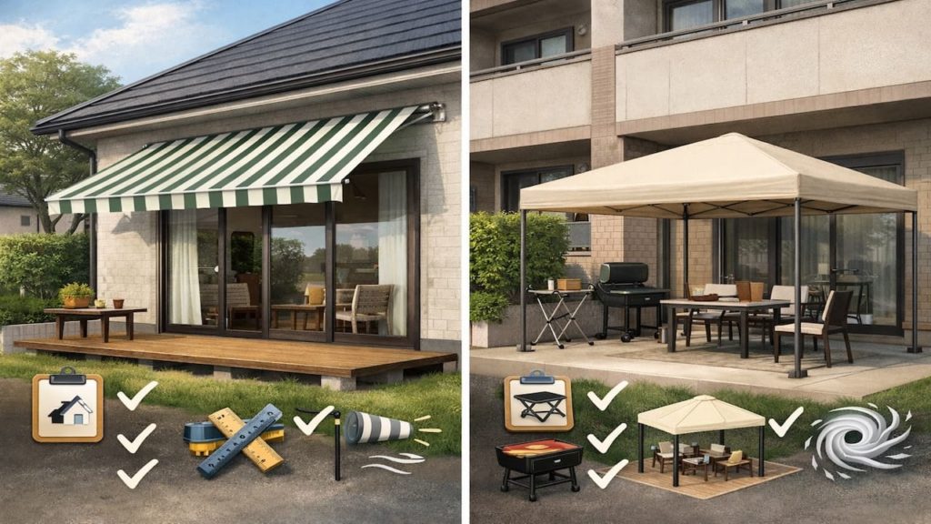 Awning vs canopy in Japan: 5 checks to choose (Use case rules and wind)