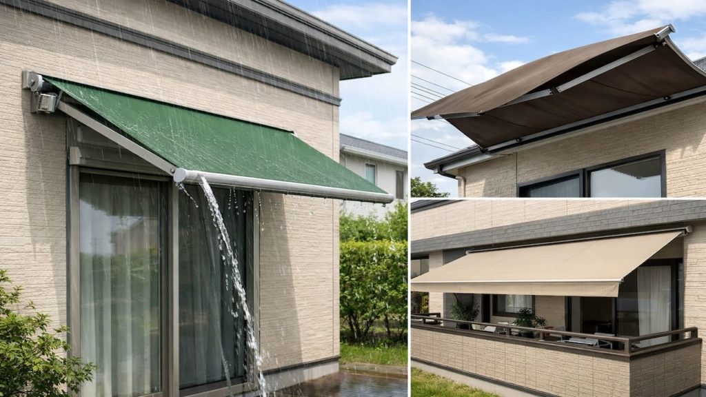 Awning for rain protection: 5 checks before buying (Angle runoff wind and size)