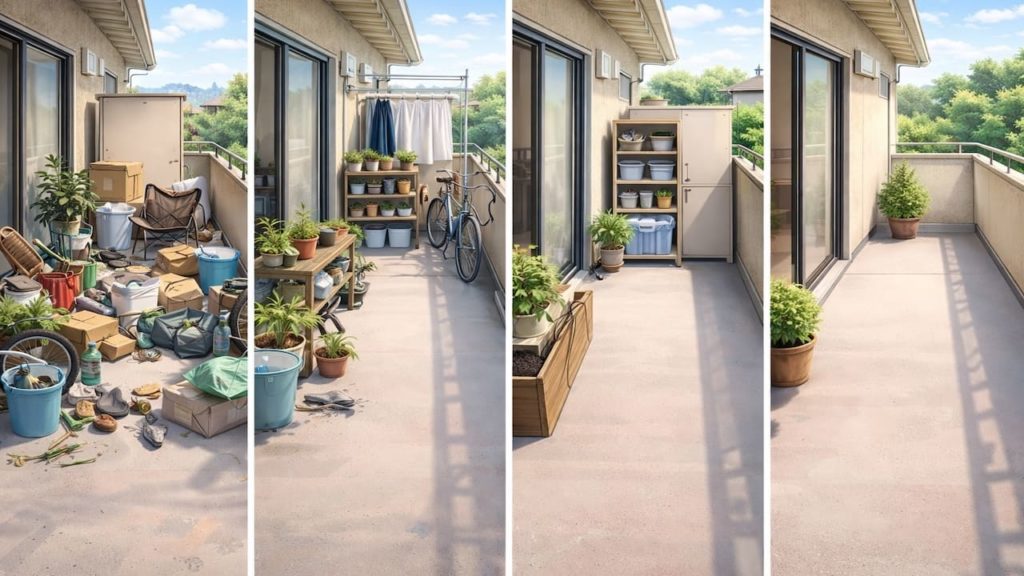 Balcony clutter builds up: 5 steps (Sort zone store and keep clear)