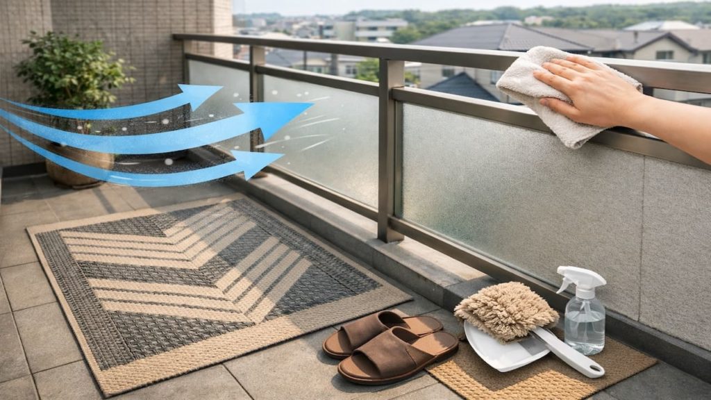 Balcony gets dusty fast: 5 tips (Wind paths mat choice and quick wipe)