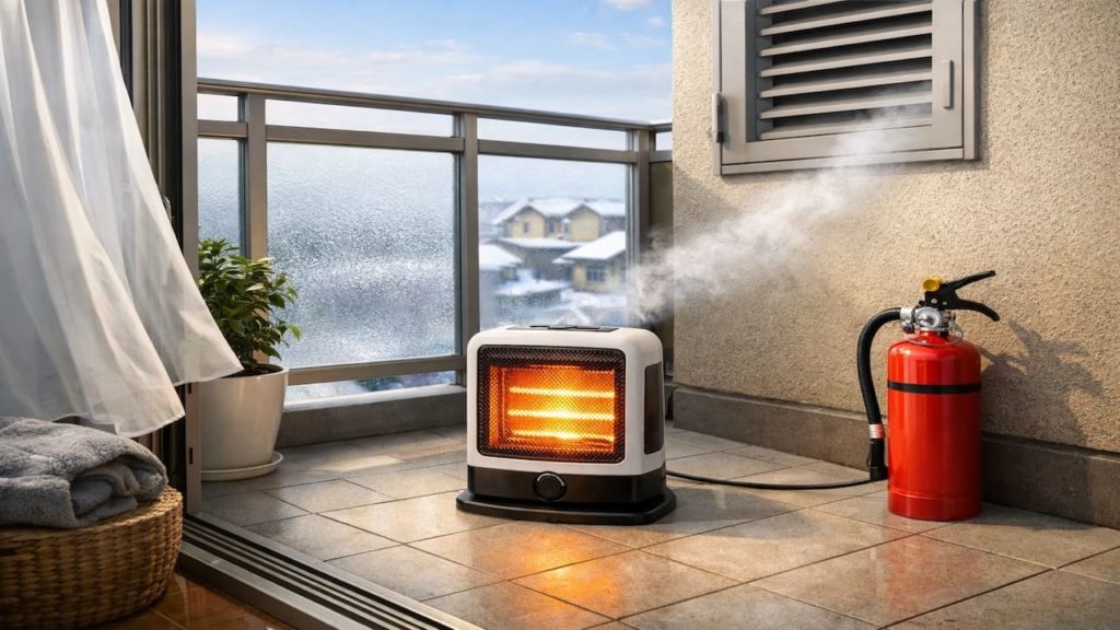 Balcony heater use in winter: 5 checks (Fire risk airflow and rules)