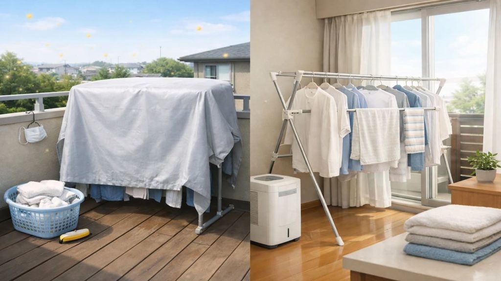 Pollen season Balcony laundry 5 tips (Cover method pre shake and indoor finish)