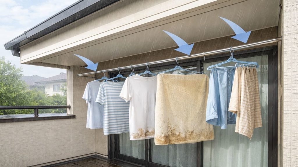 Rain splash stains Balcony laundry 5 checks (Overhang angles and distance)