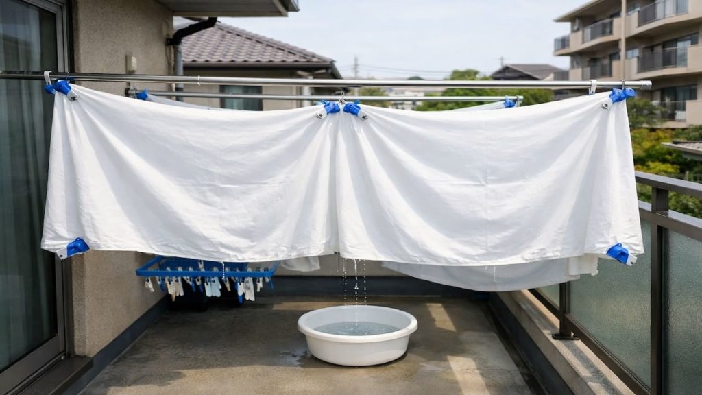 Sheets on Balcony laundry 5 checks (Corner clips sag control and drip)