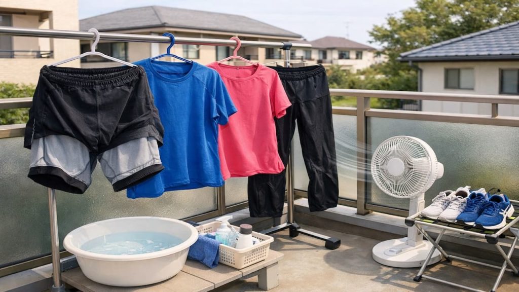 Sportswear on Balcony laundry 5 tips (Turn inside out airflow and quick rinse)