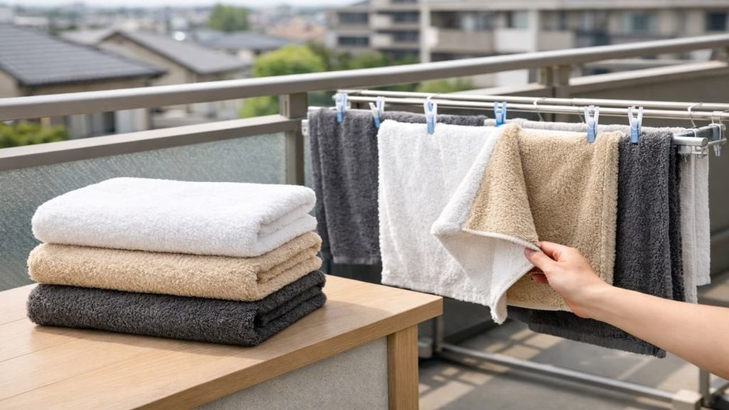 Thick towels with Balcony laundry 5 tips (Fold style spacing and mid dry flip)