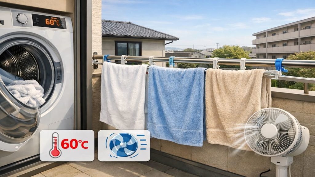 Towel odor after Balcony laundry 5 checks (Wash cycle temp and fast drying)