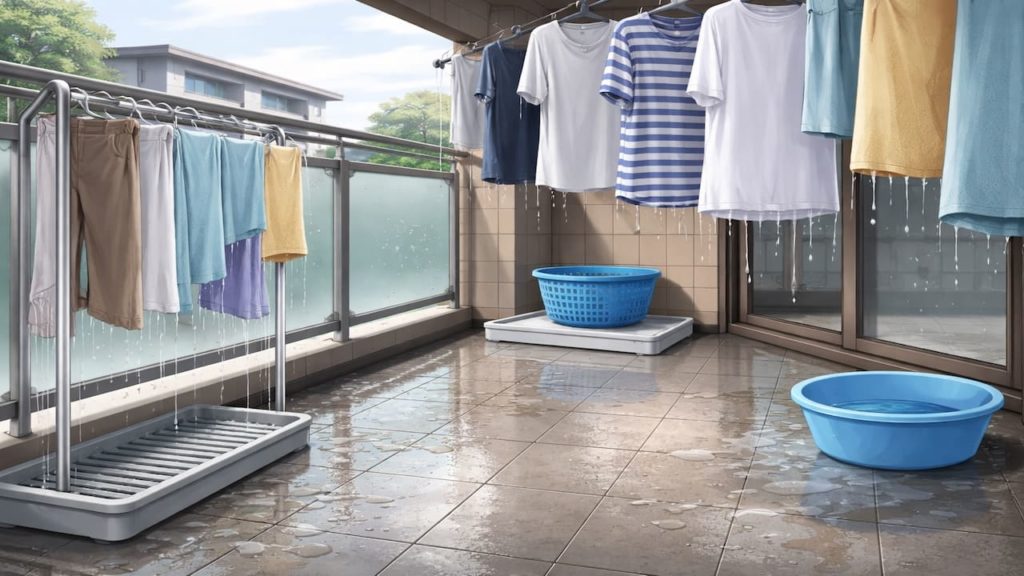 Balcony gets wet from Balcony laundry 5 checks (Drip lines trays and spin)