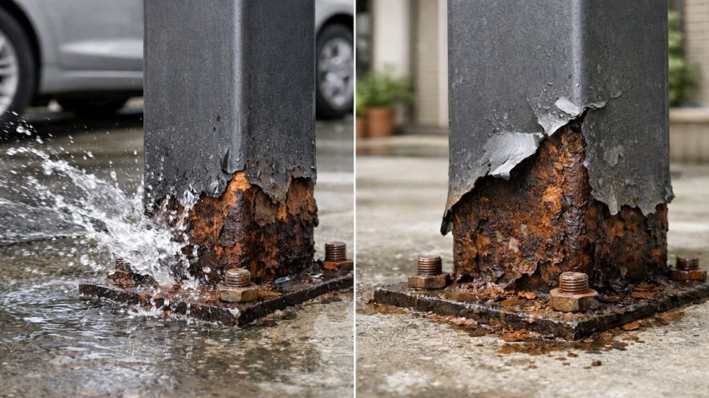 Carport post base corroding: 5 checks (Water splash and coatings)