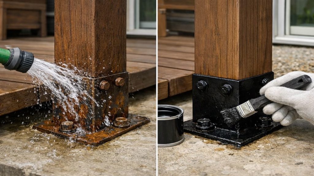 Deck post base rust: 5 checks to stop it spreading (Water splash)