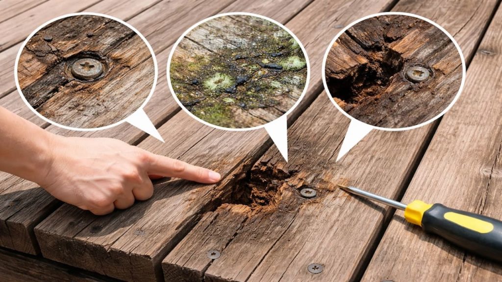 Deck boards feel spongy: 5 checks to spot rot (Soft spots screws mold)