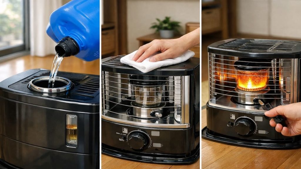 Morning start routine for a kerosene heater 5 steps (Fuel top up wipe and ignite)