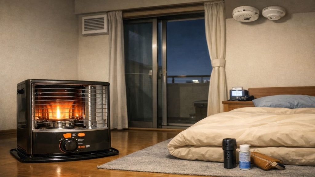 Before sleeping, kerosene heater use 5 checks (Shutoff plan vent and alarms)