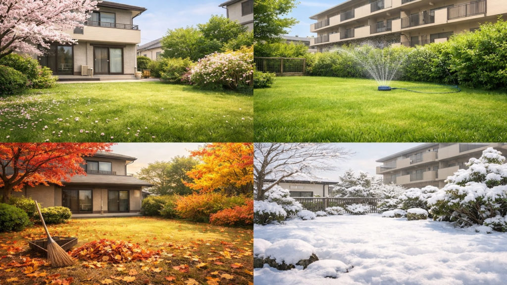 Lawn care calendar in Japan 5 checks for all seasons (Spring summer fall winter timing)