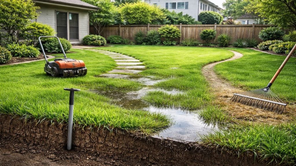 Lawn stays wet for days 5 checks to improve drainage (Compaction slope and thatch)