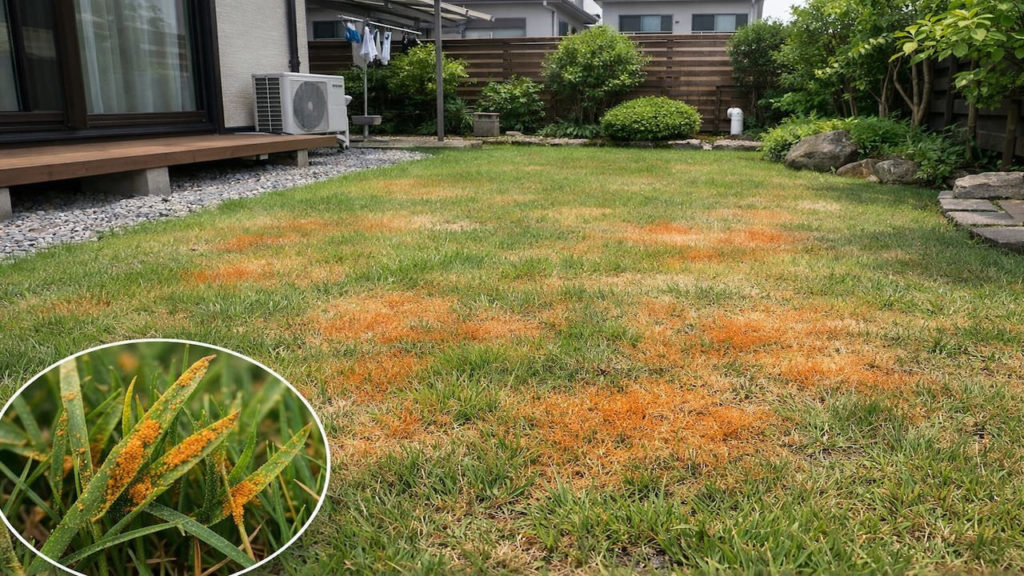 Lawn shows rust colored dust 5 checks for fungus (Humidity airflow and nitrogen)