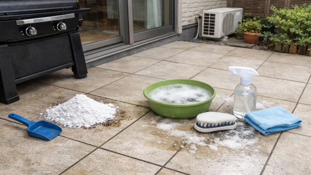 Patio oil drips from BBQ: 5 steps to lift the stain safely (Absorb then gentle wash)
