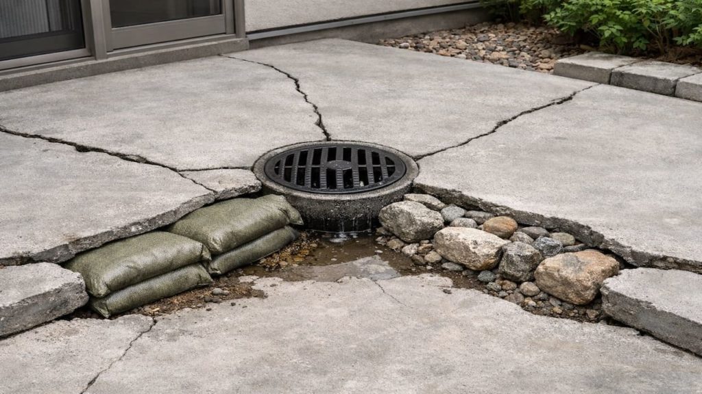 Patio cracks by drain: 5 checks to stop water undermining (Soil void and flow)