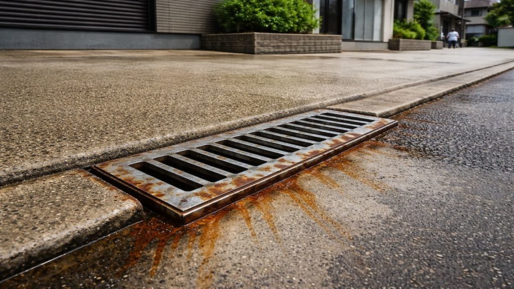 Pavement rust on metal grates 5 tips around edges (Runoff stains and rinse)