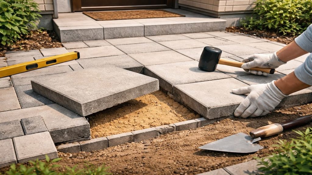 Pavement tiles wobble on slab 5 checks to stabilize (Base sand and edge hold)