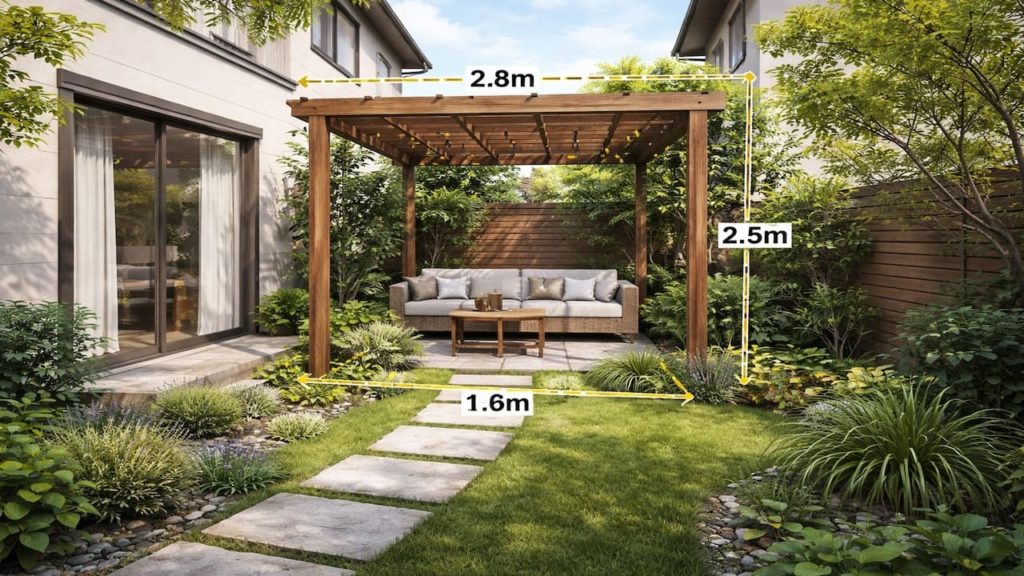 Pergola on a small yard: 5 tips (Scale lines and walkway)