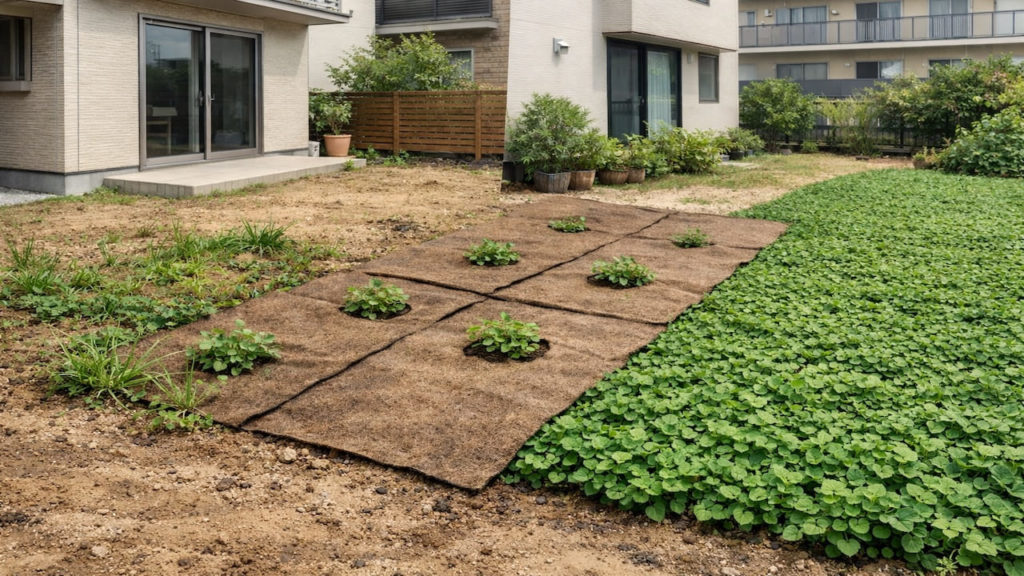 Weeds on bare soil 5 tips to cover fast (Mulch mats and groundcover)