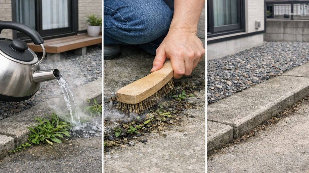 Weeds boiling water method 5 steps (Spot pour scrub and repeat)