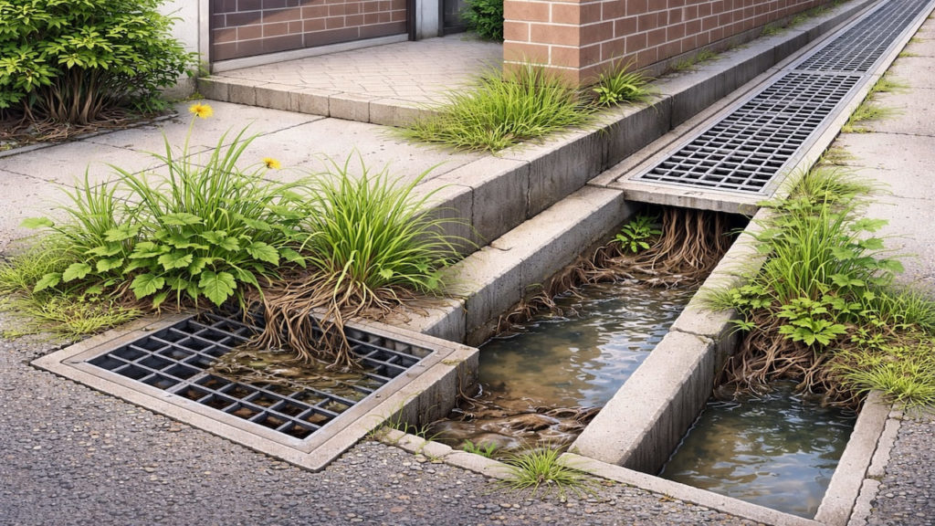 Weeds near drains 5 checks to avoid clogs (Roots silt and runoff)