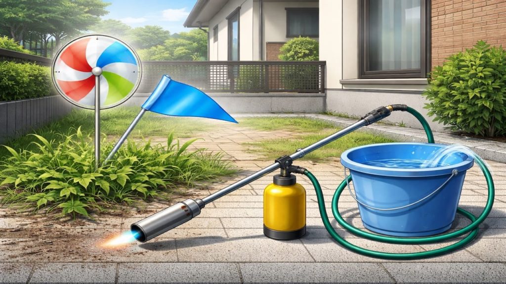 Weeds torch burner use 5 checks for safety (Wind surface and water)