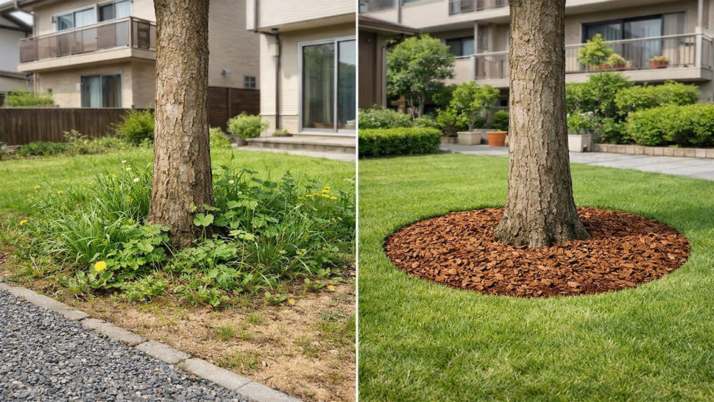 Weeds around trees 5 tips to protect roots (Mulch ring and distance)